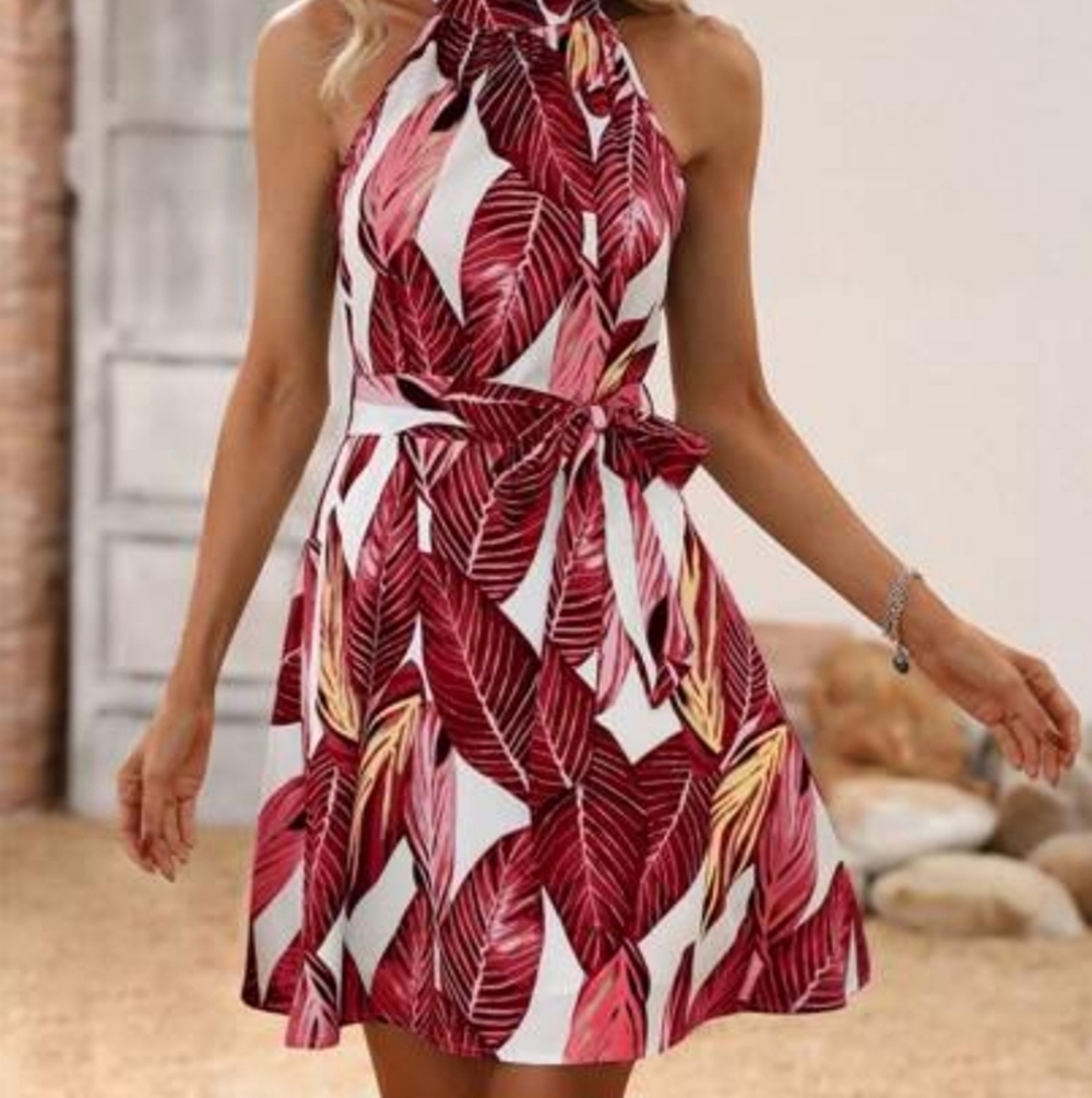 Shein tropical vacation print belted halter dress. Size XL EUC